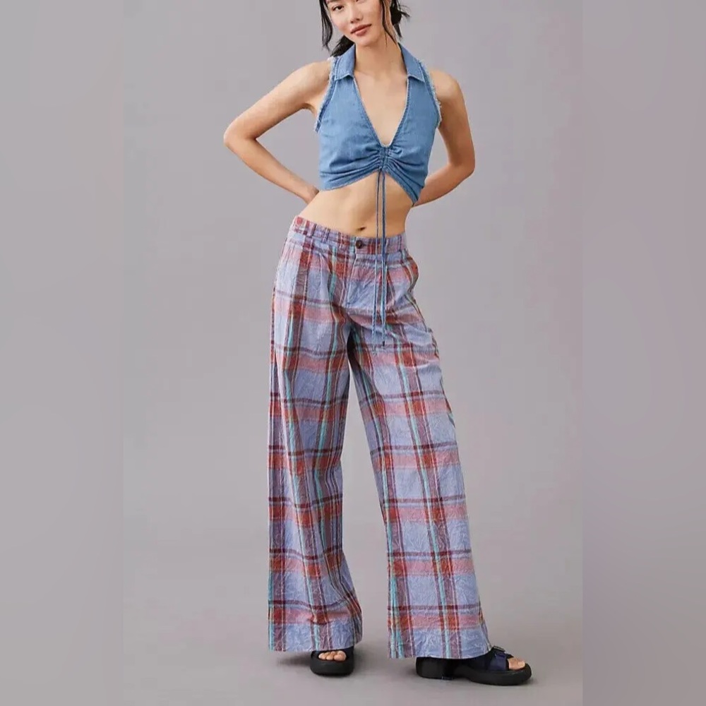 Anthropologie 100% Cotton Blue, Red & Green Burnout Plaid Wide Leg Pants - 6